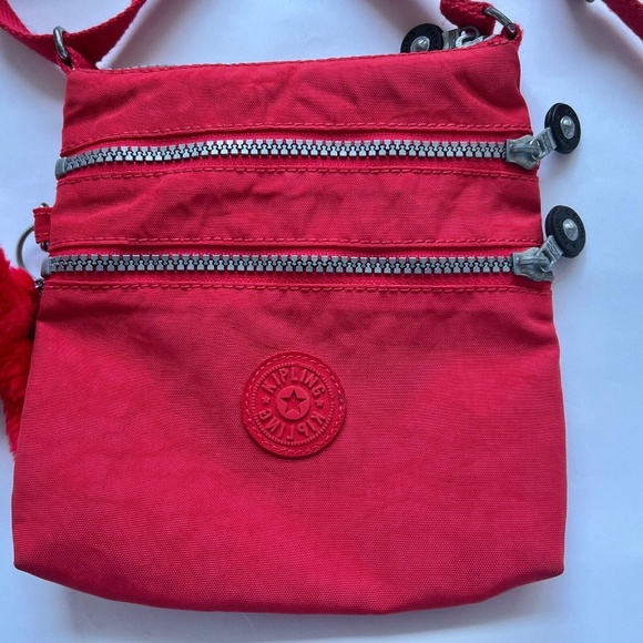 KIPLING Alvar Crossbody Bag Red w Monkey Charm 3 Zippers Mini 7" x 8" x 1" Small - Picture 3 of 7